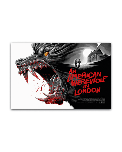Movie poster for 'An American Werewolf in London' featuring a werewolf and two people walking away from a building.