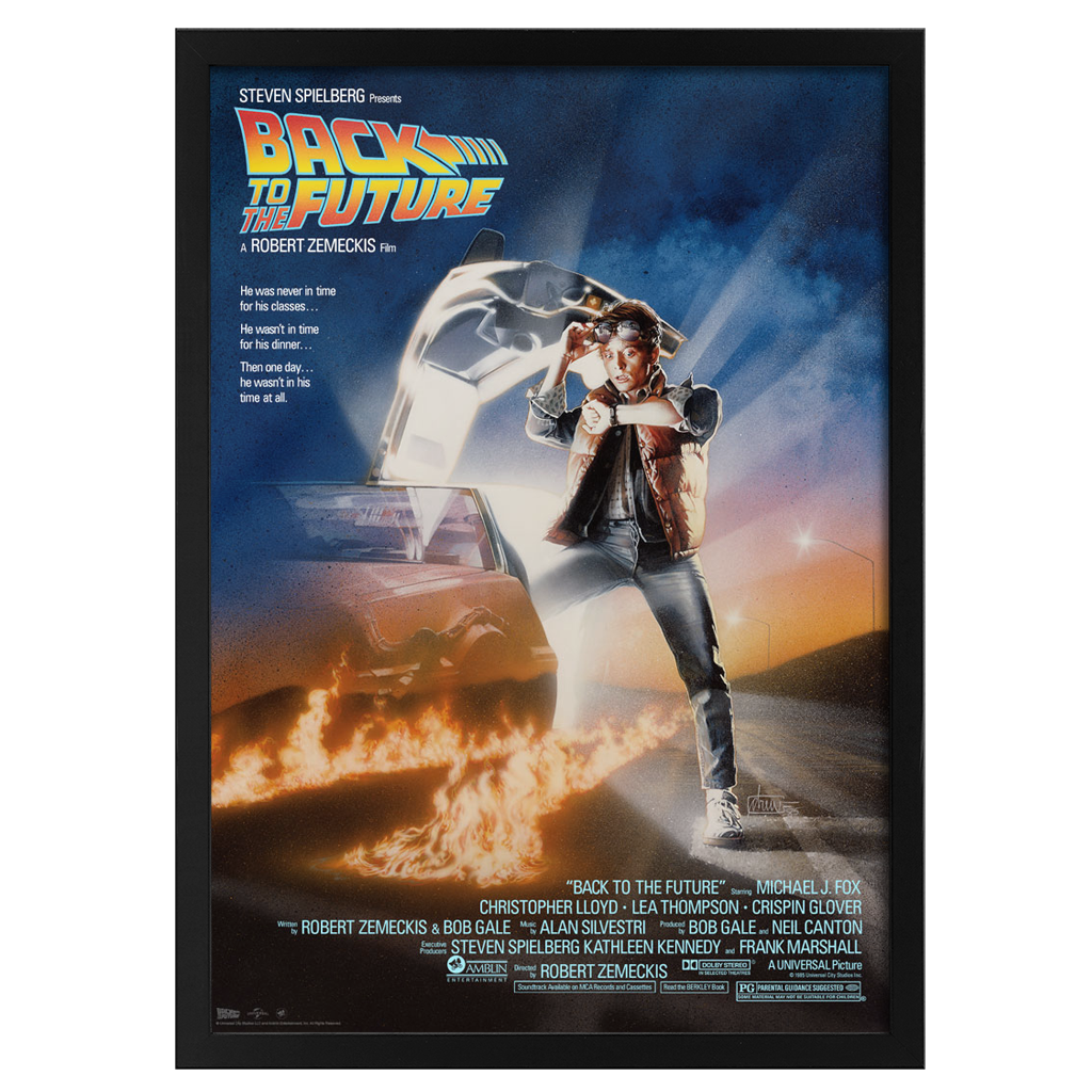 Movie poster for 'Back to the Future' with a person holding a时光 machine and car on fire.