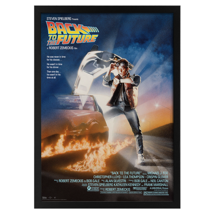 Movie poster for 'Back to the Future' with a person holding a时光 machine and car on fire.