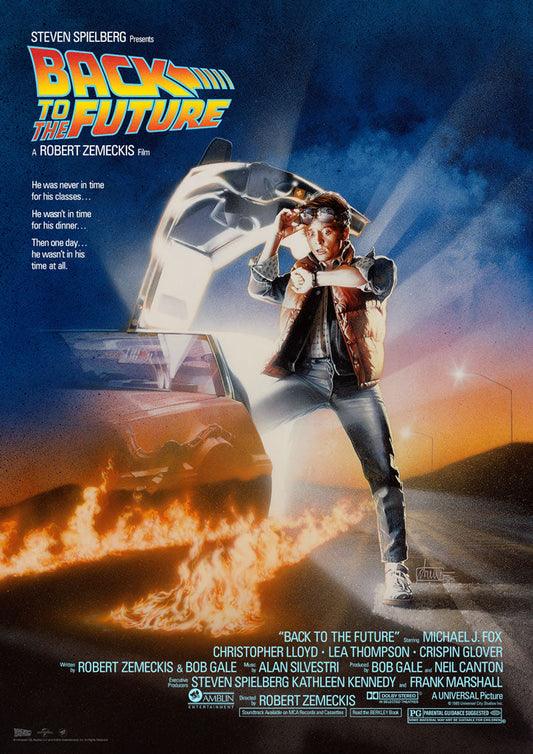 Movie poster for 'Back to the Future' with a character holding a time machine.