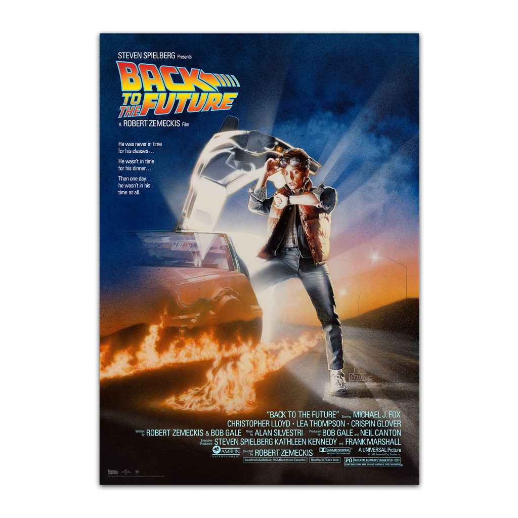 Movie poster for 'Back to the Future' with a character standing on a road with a car on fire.