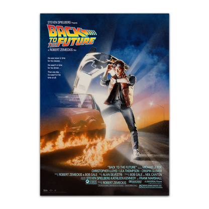 Movie poster for 'Back to the Future' with a character standing on a road with a car on fire.