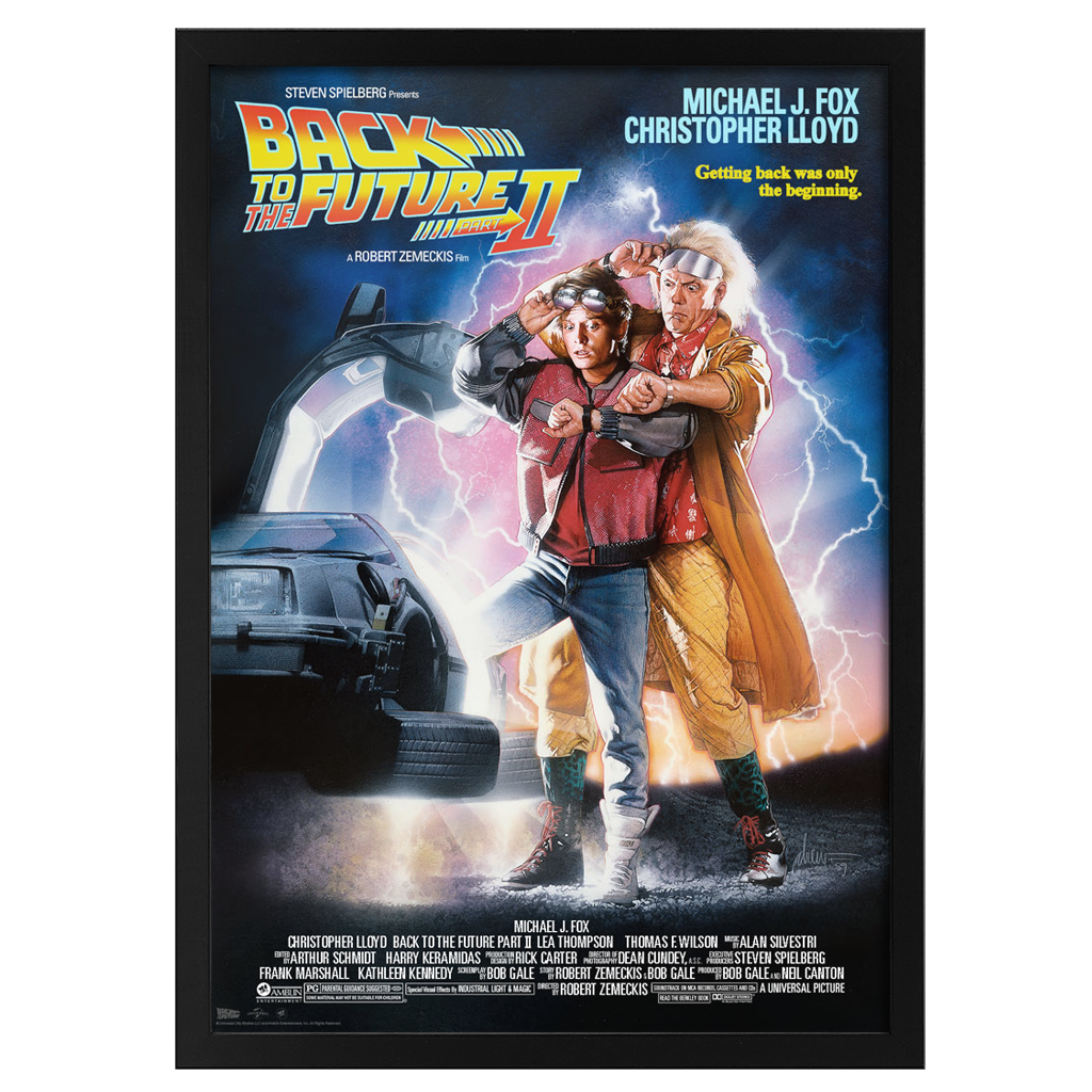Movie poster for 'Back to the Future Part II' featuring two characters with a time machine and lightning effects.