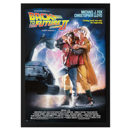 Movie poster for 'Back to the Future Part II' featuring two characters with a time machine and lightning effects.