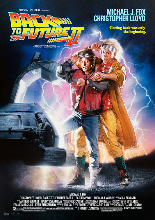 Movie poster for 'Back to the Future Part II' featuring two characters and a time machine.