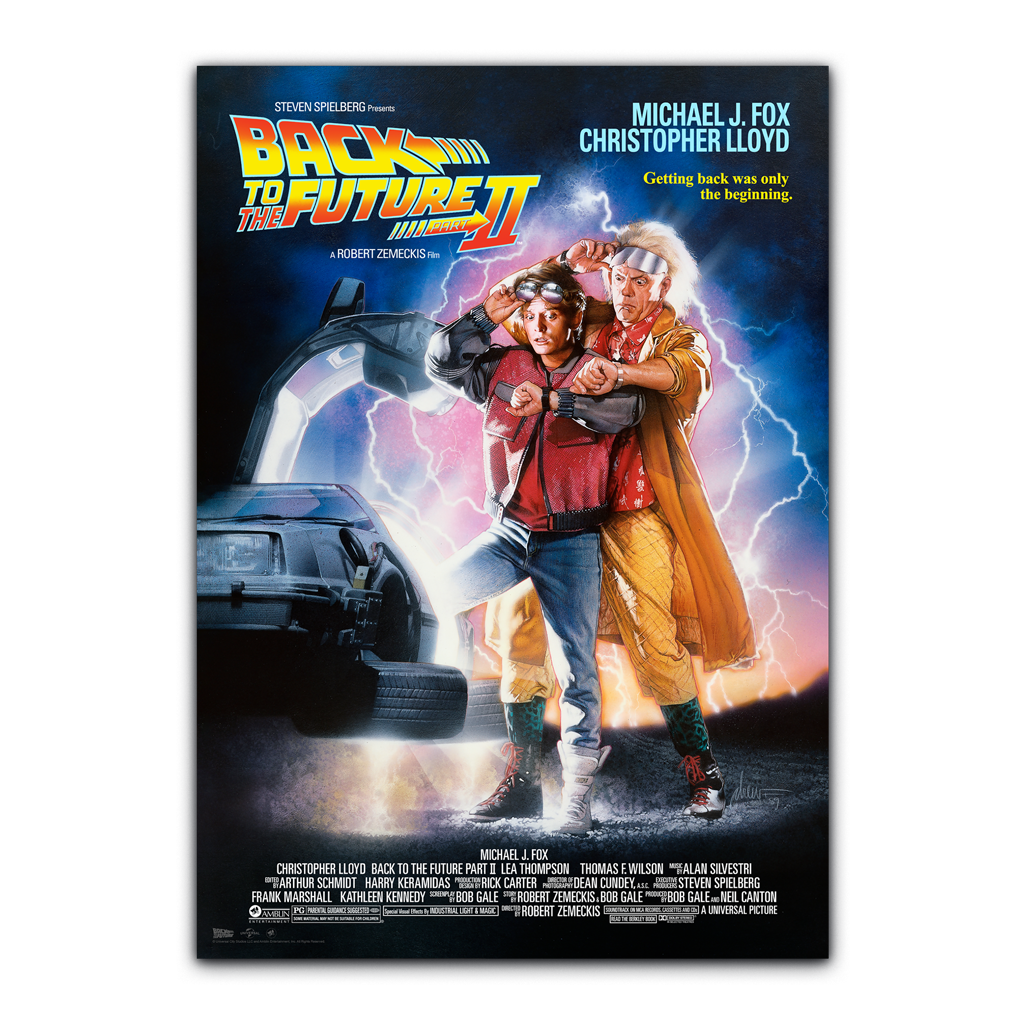 Movie poster for 'Back to the Future Part II' featuring two characters and a time machine.