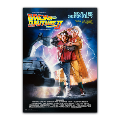 Movie poster for 'Back to the Future Part II' featuring two characters and a time machine.