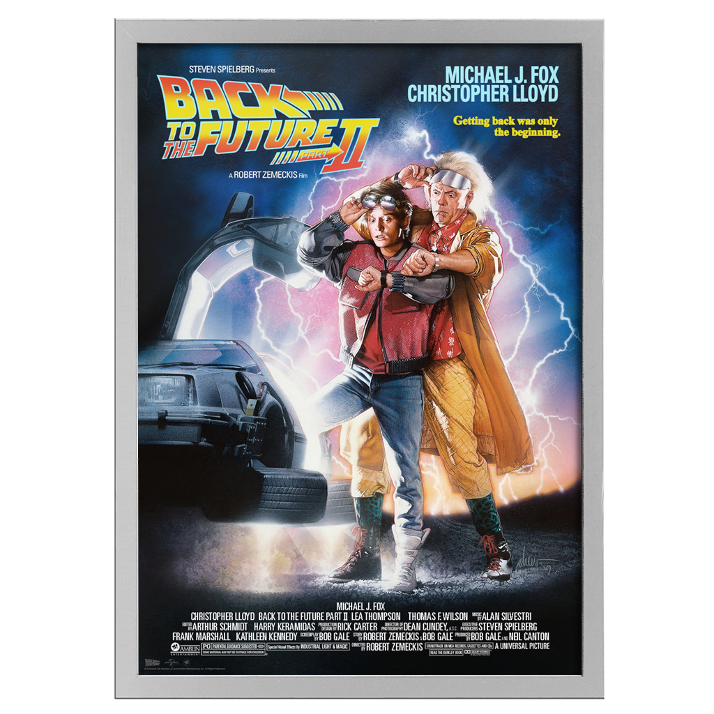 Movie poster for 'Back to the Future Part II' with two characters and a car, framed in silver.