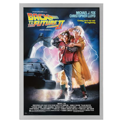 Movie poster for 'Back to the Future Part II' with two characters and a car, framed in silver.