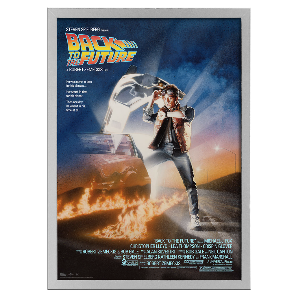 Framed movie poster for 'Back to the Future' with a silver frame.