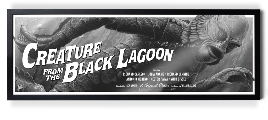 Vintage movie poster for 'Creature from the Black Lagoon' with a creature's head and title text.