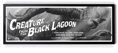 Vintage movie poster for 'Creature from the Black Lagoon' with a creature's head and title text.