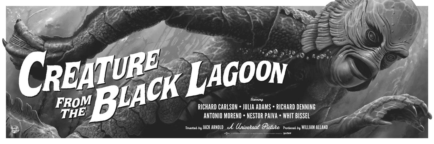 Vintage movie poster for 'Creature from the Black Lagoon' with a creature and text.
