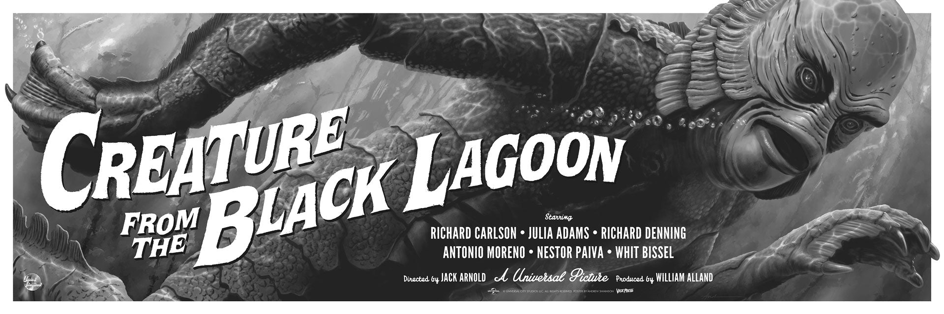 Vintage movie poster for 'Creature from the Black Lagoon' with a creature and text.