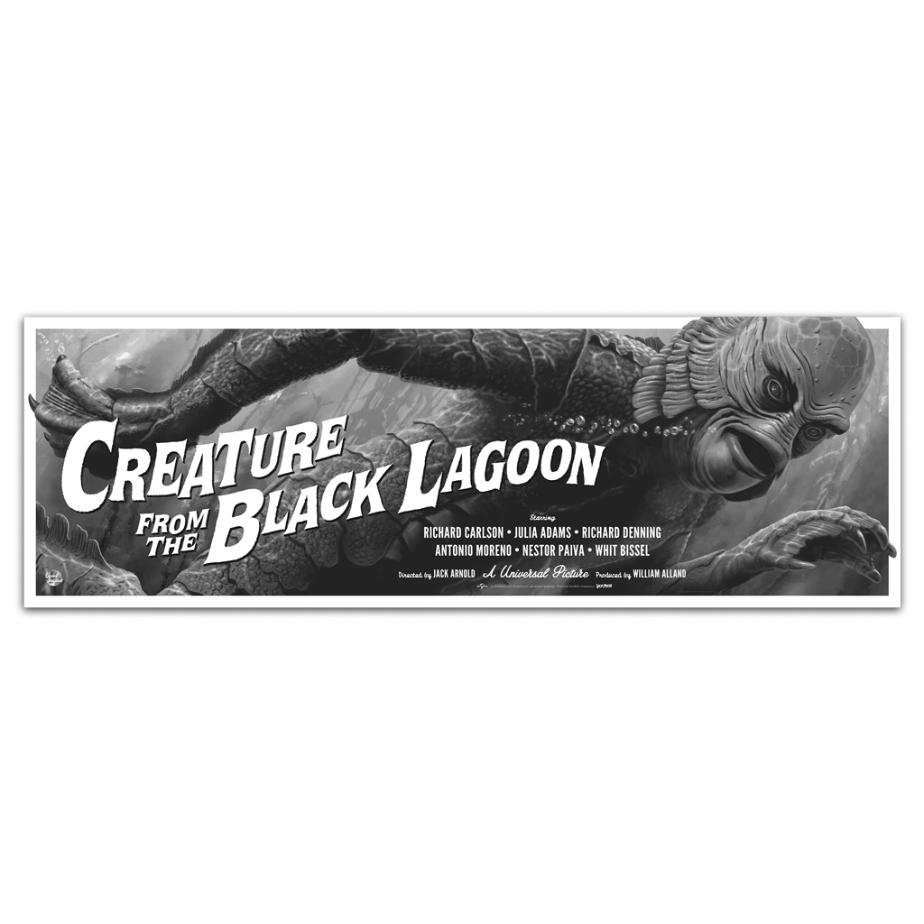 Vintage-style poster of 'Creature from the Black Lagoon' with a creature's head and title text.