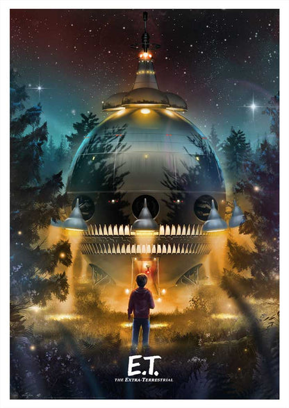 ET Movie poster, of a dome-shaped spacecraft in a forest with a child looking up at it, featuring 'E.T.' branding.