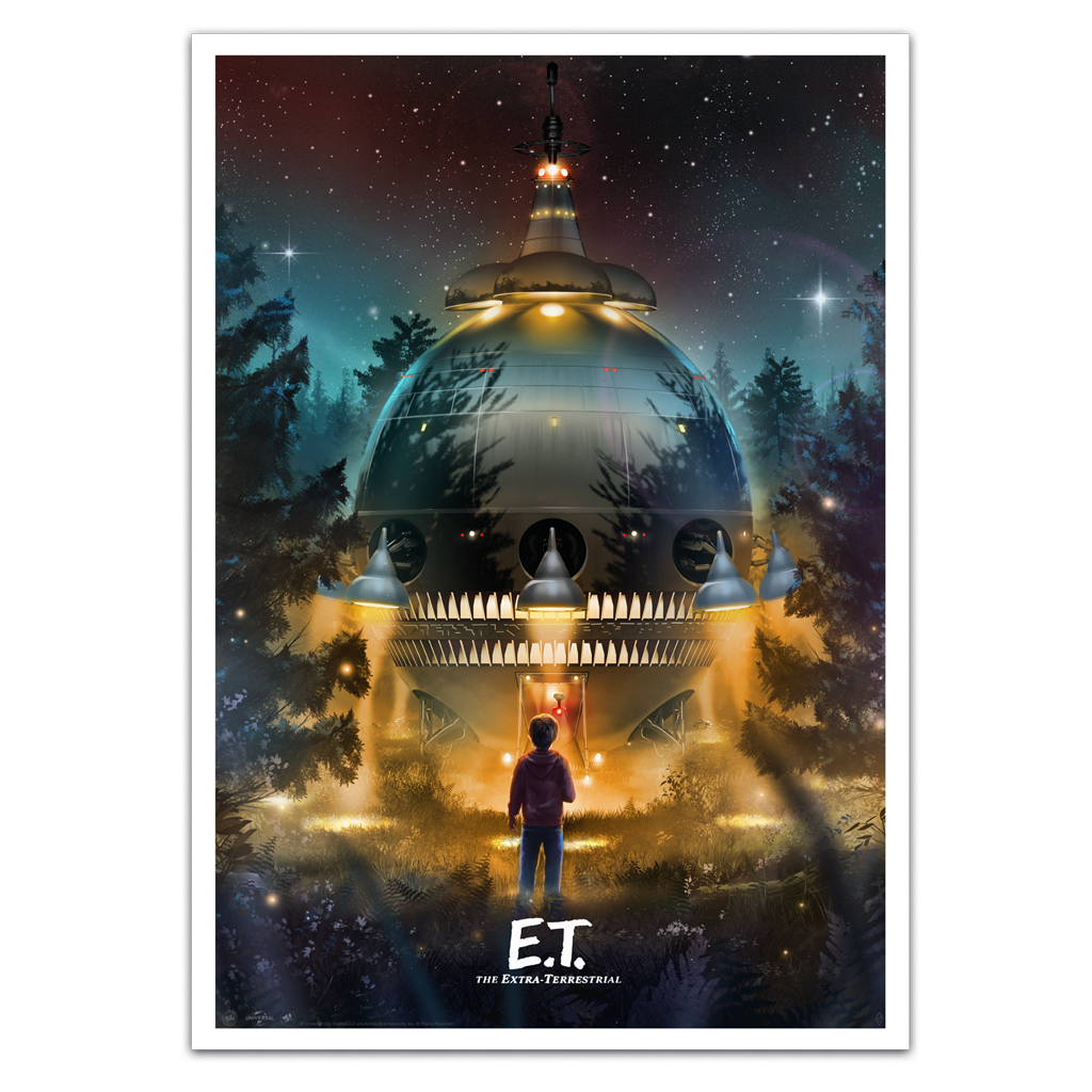 ET Movie Poster of a large alien spacecraft in a forest with a child looking up at it, featuring the E.T. logo.