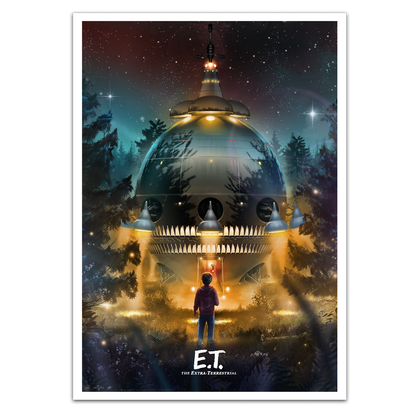 ET Movie Poster of a large alien spacecraft in a forest with a child looking up at it, featuring the E.T. logo.