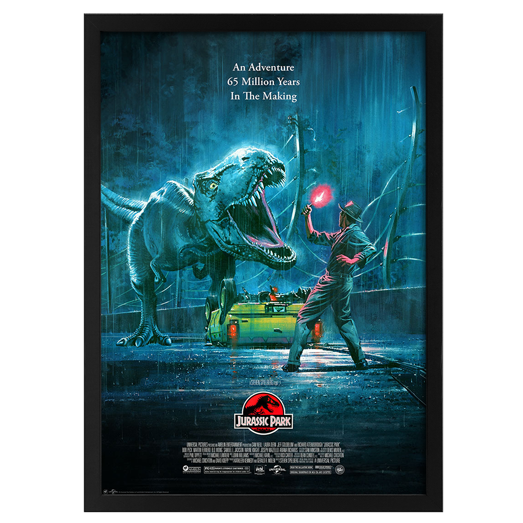 Movie poster for 'Jurassic Park' featuring a dinosaur and a person with a flashlight.