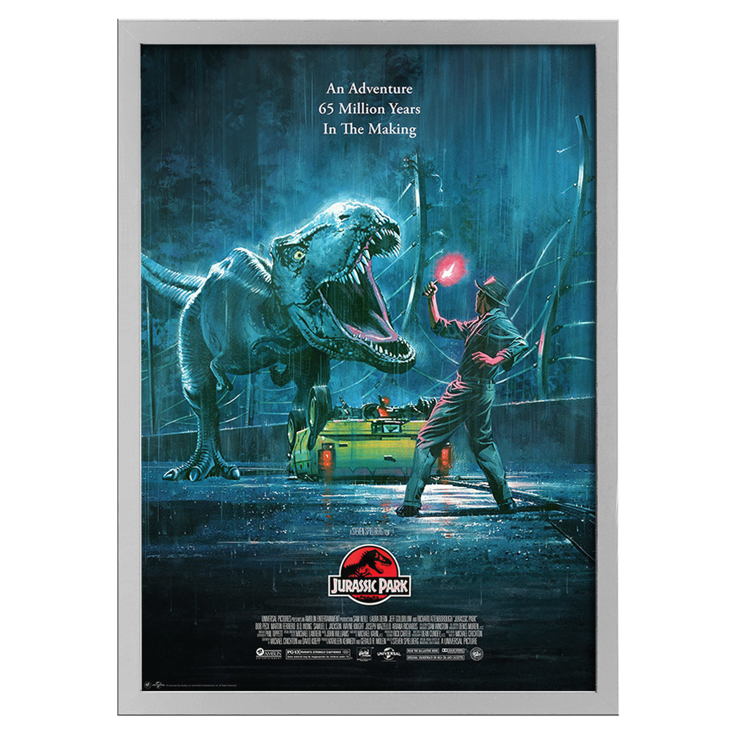 Movie poster for 'Jurassic Park' featuring a dinosaur and a person with a flashlight.