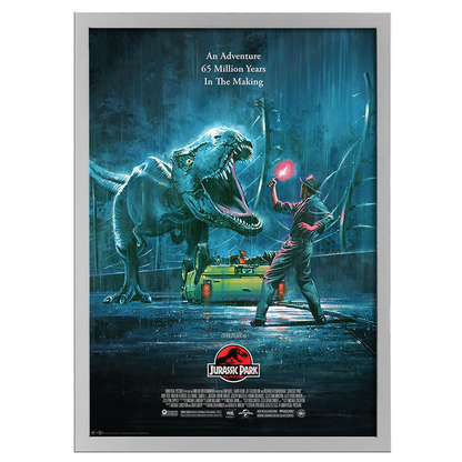 Movie poster for 'Jurassic Park' featuring a dinosaur and a person with a flashlight.