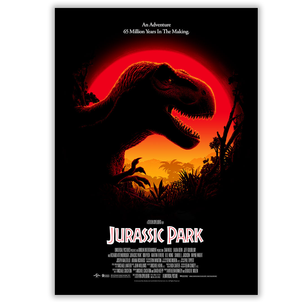 Movie poster for 'Jurassic Park' featuring a silhouette of a dinosaur against a red sun.