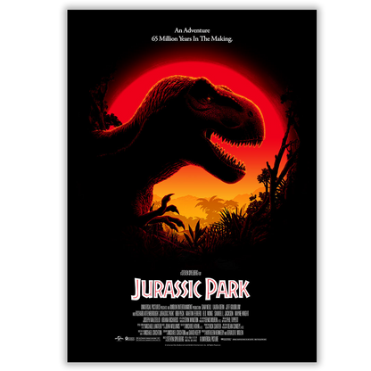 Movie poster for 'Jurassic Park' featuring a silhouette of a dinosaur against a red sun.
