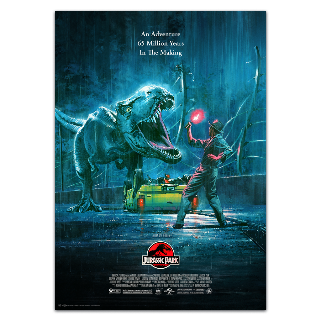 Movie poster for 'Jurassic Park' featuring a dinosaur and a person with a flashlight.