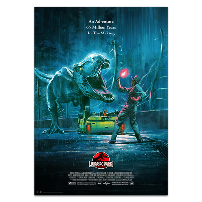 Movie poster for 'Jurassic Park' featuring a dinosaur and a person with a flashlight.