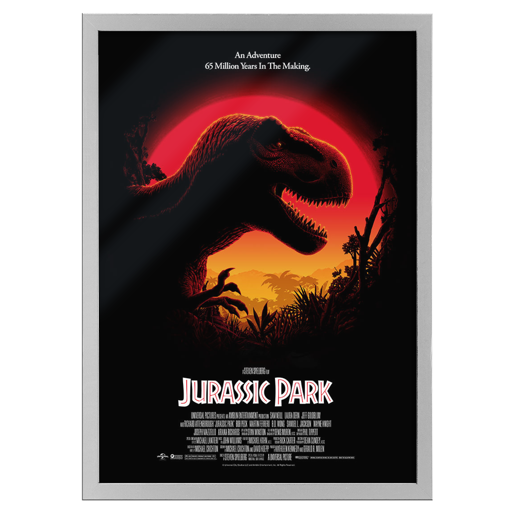 Framed movie poster of 'Jurassic Park' with a dinosaur silhouette against a red sun.