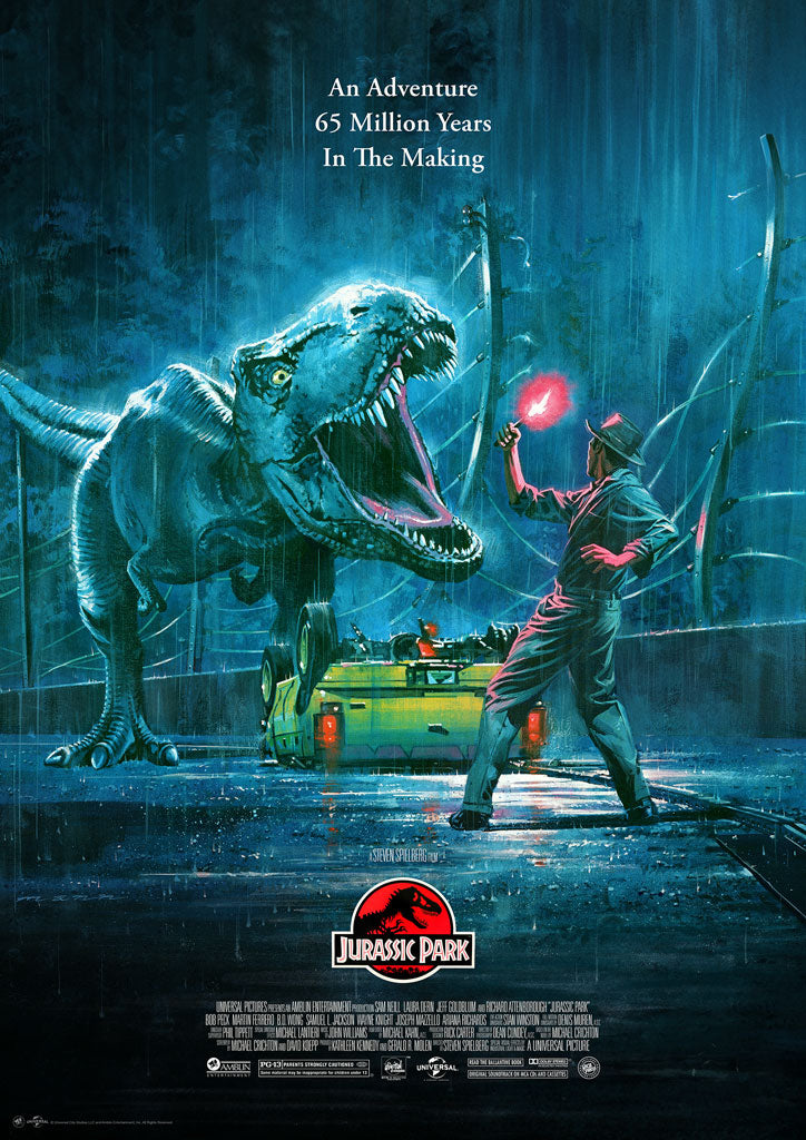 Movie poster for 'Jurassic Park' featuring a T-Rex and a person with a flashlight in a dark, prehistoric setting.