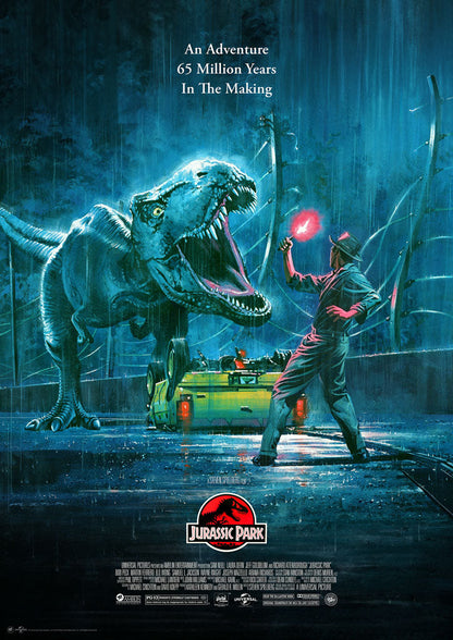 Movie poster for 'Jurassic Park' featuring a T-Rex and a person with a flashlight in a dark, prehistoric setting.
