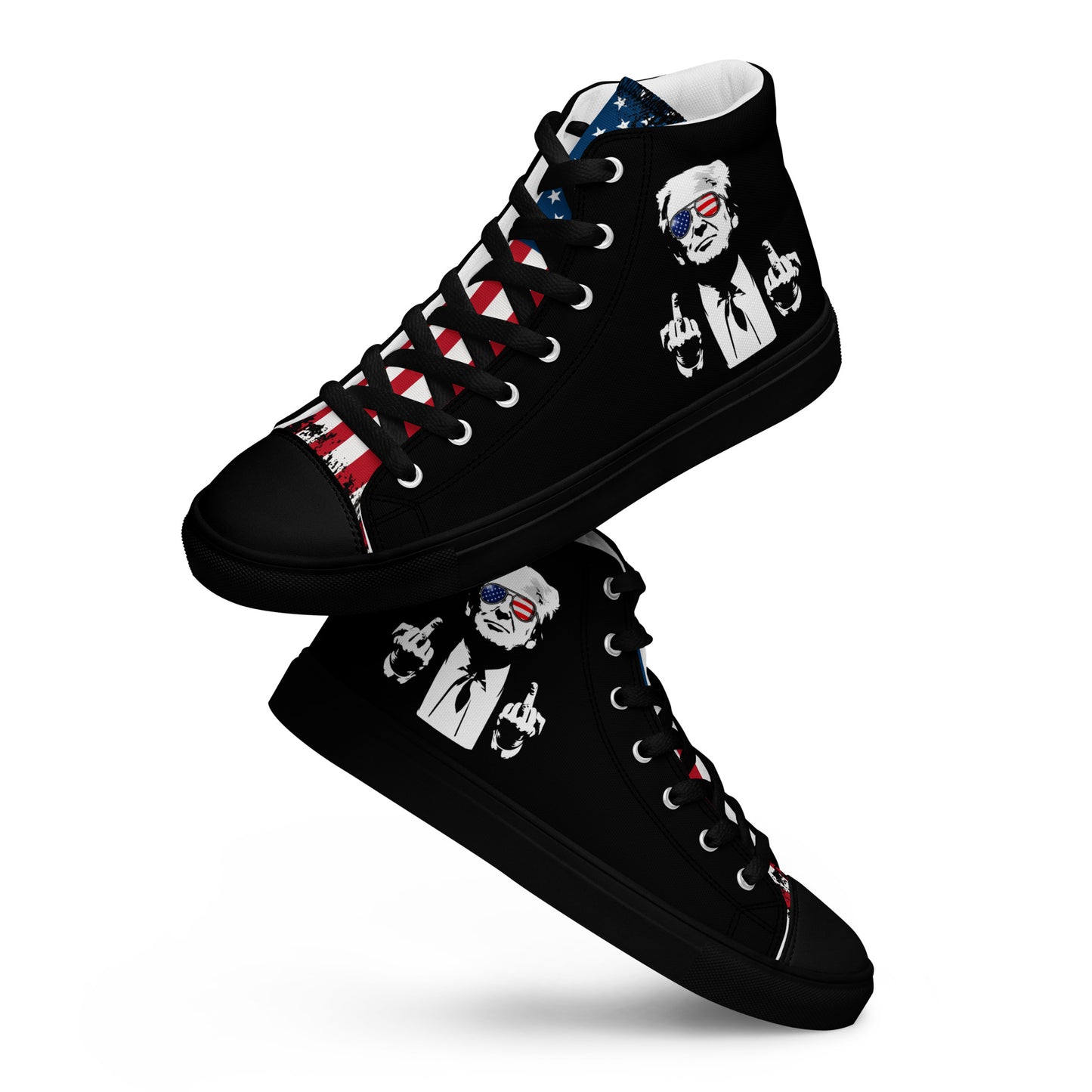 Donald Trump graphic high top sneakers with patriotic American flag design and bold streetwear style