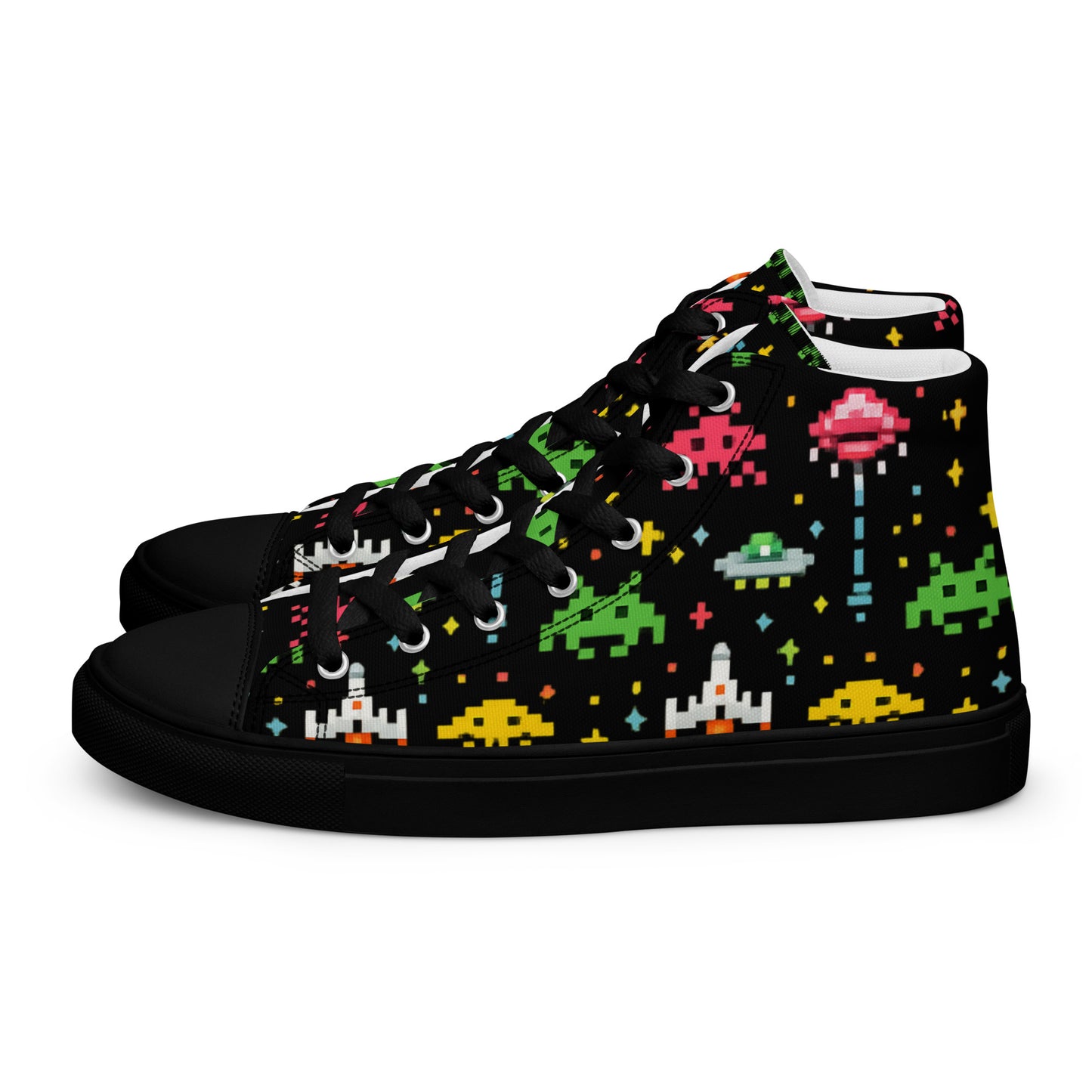 Retro space invader hi-top sneakers with colorful pixel art design, inspired by 80s arcade gaming.