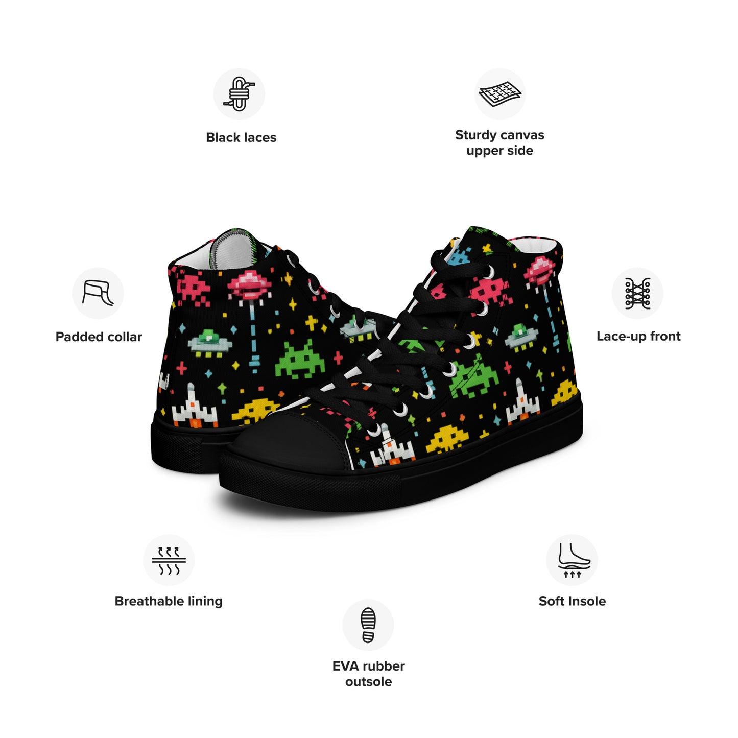 Retro space invader hi-top sneakers with colorful pixel art design, inspired by 80s arcade gaming.