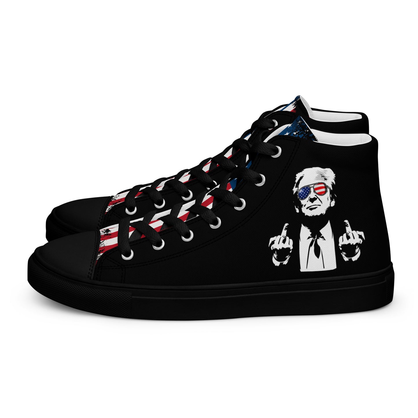 Donald Trump graphic high top sneakers with patriotic American flag design and bold streetwear style