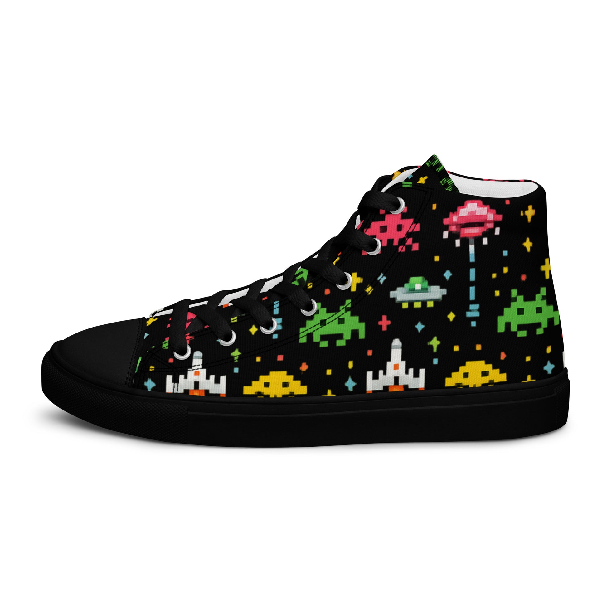 Retro space invader hi-top sneakers with colorful pixel art design, inspired by 80s arcade gaming.