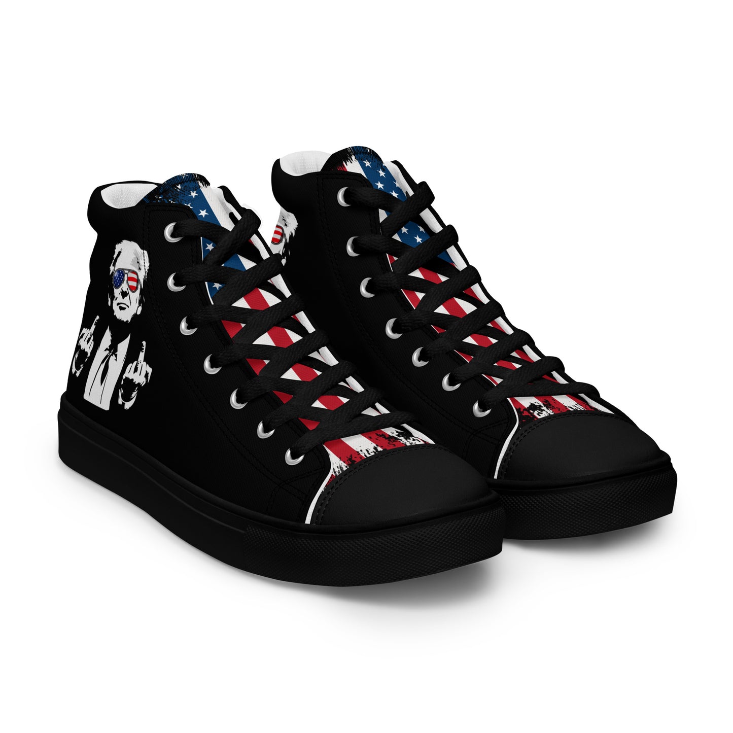 Donald Trump graphic high top sneakers with patriotic American flag design and bold streetwear style