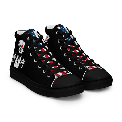 Donald Trump graphic high top sneakers with patriotic American flag design and bold streetwear style