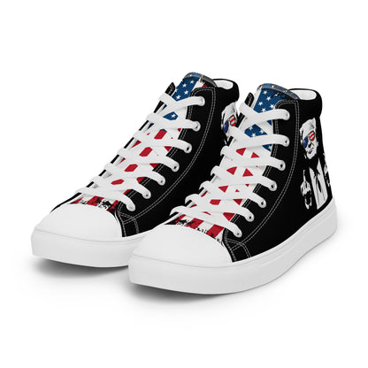 Donald Trump graphic high top sneakers with patriotic American flag design and bold streetwear style