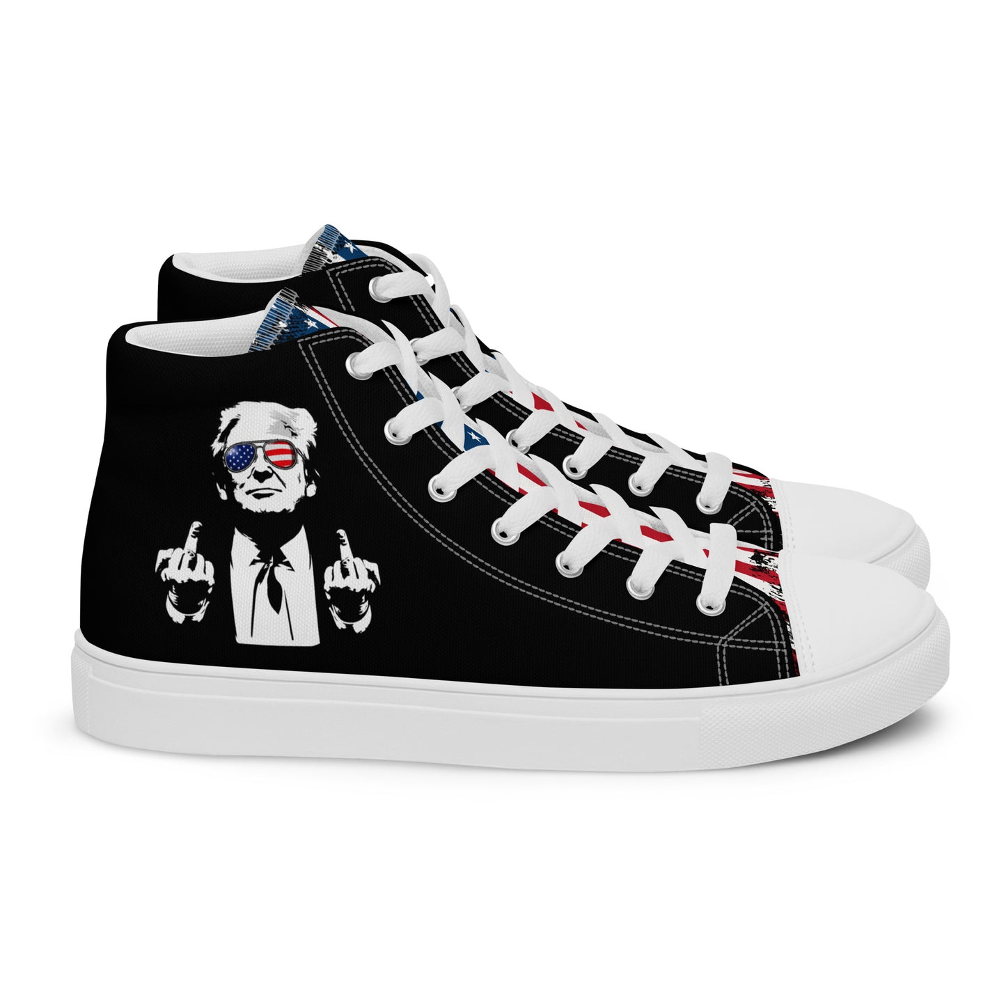 Donald Trump graphic high top sneakers with patriotic American flag design and bold streetwear style