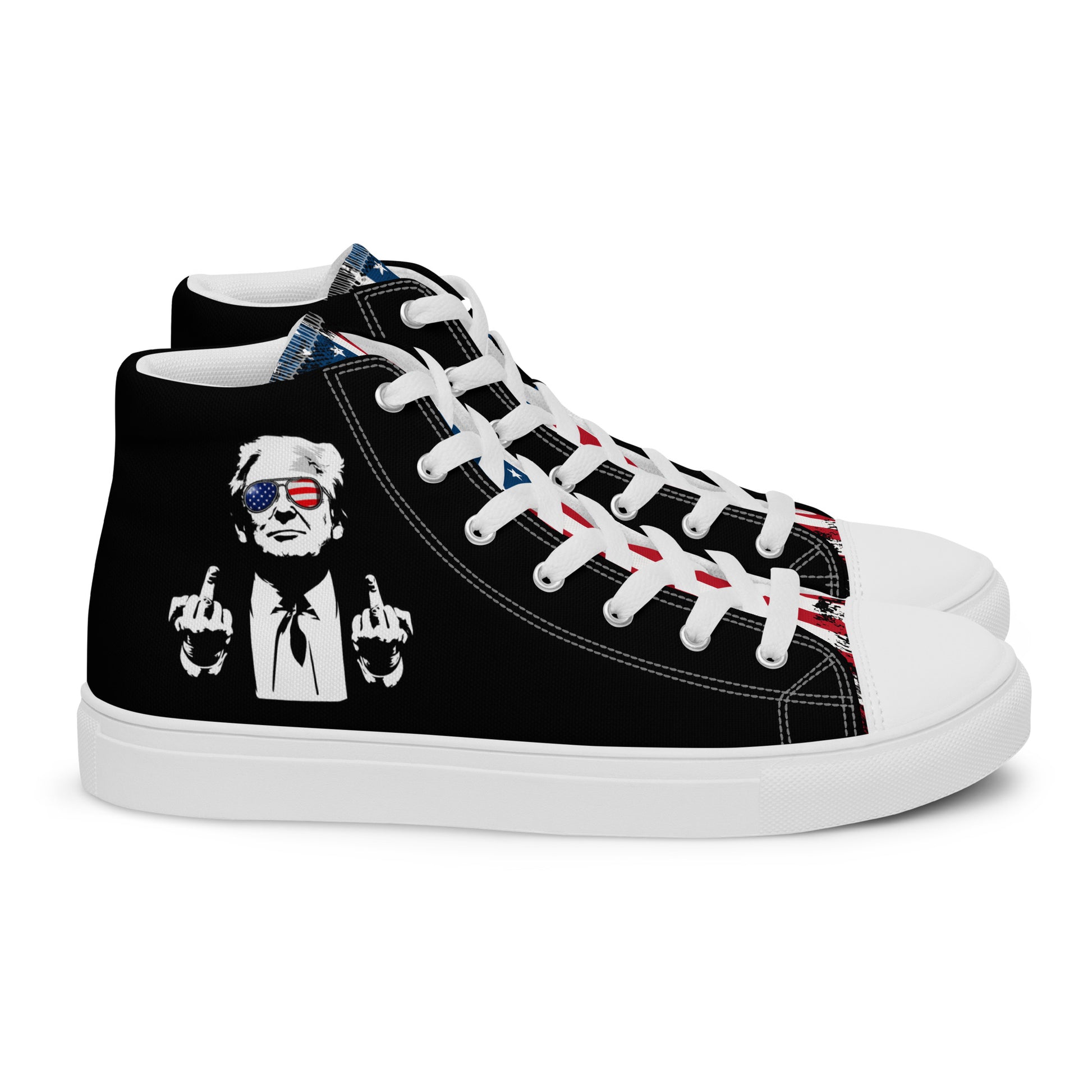 Donald Trump graphic high top sneakers with patriotic American flag design and bold streetwear style