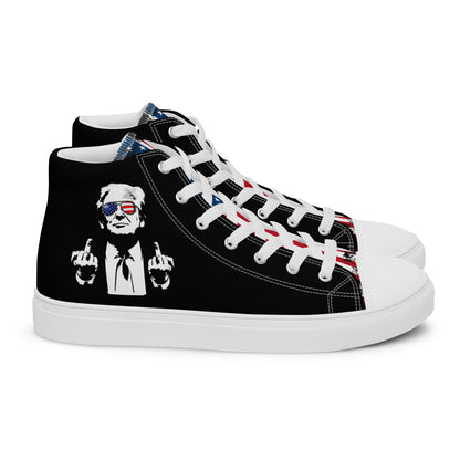 Donald Trump graphic high top sneakers with patriotic American flag design and bold streetwear style