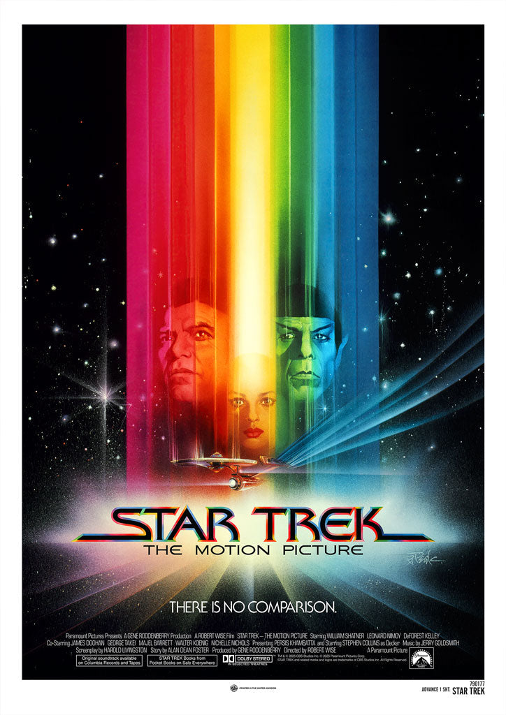 Movie poster for 'Star Trek: The Motion Picture' with colorful light beams and characters.