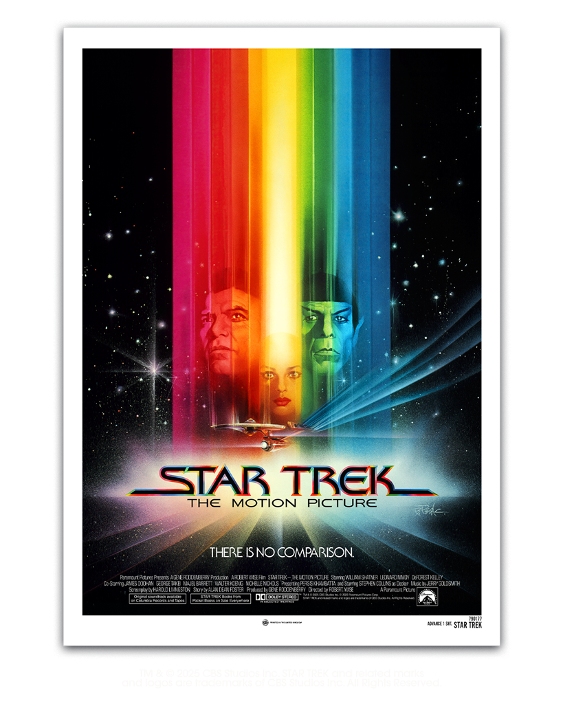 Vintage 'Star Trek' movie poster with colorful light beams and characters.