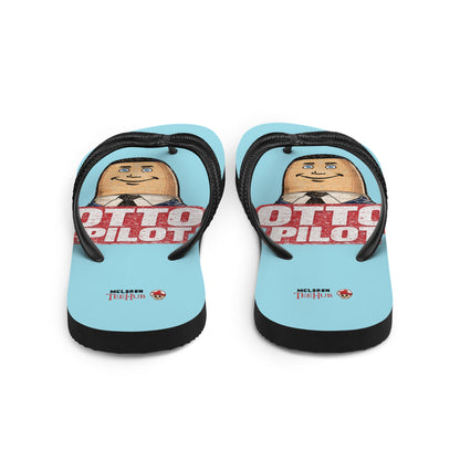 Otto Pilot flip flops with retro Airplane movie inspired graphic design on light blue sole