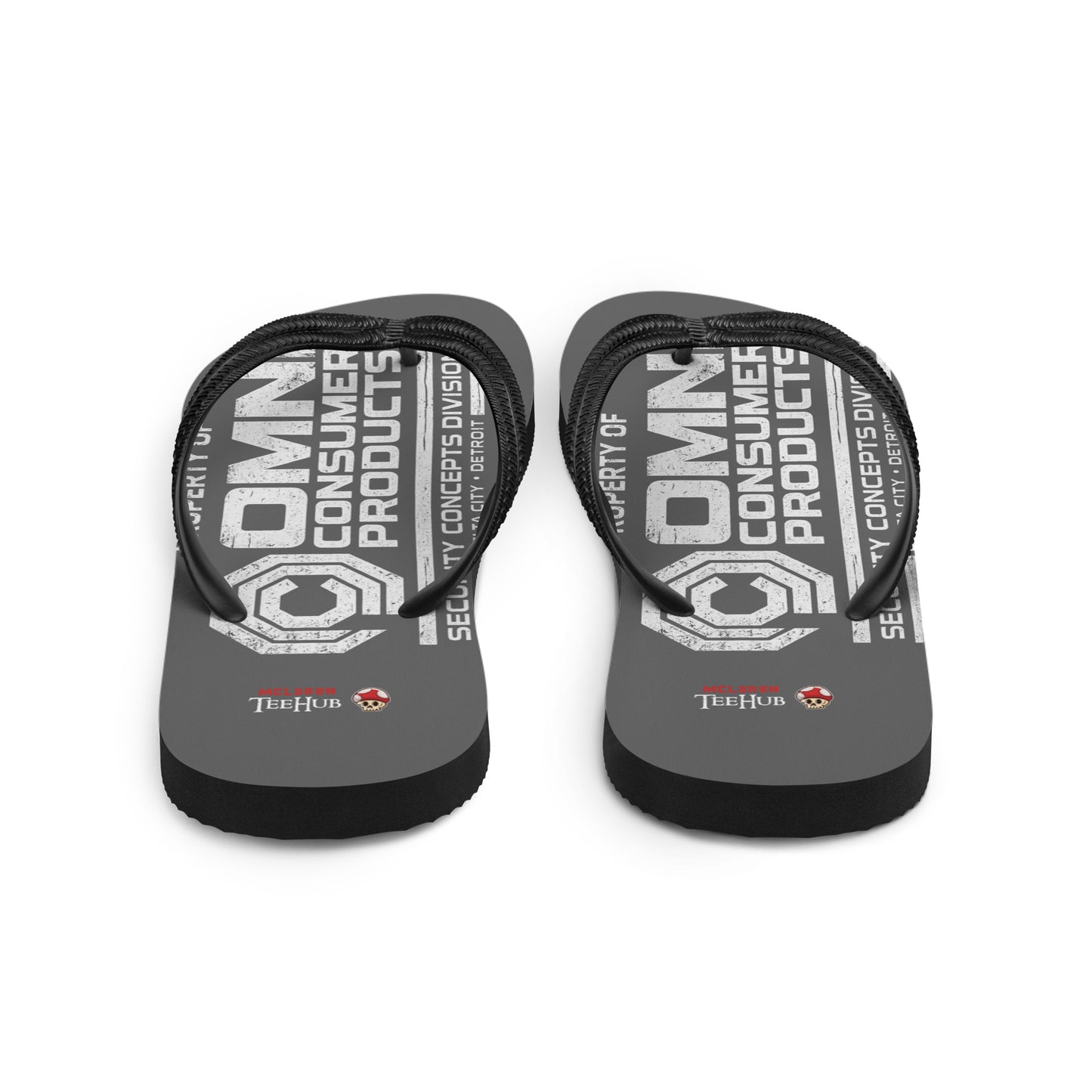 Omni Consumer Products RoboCop inspired flip flops with minimalist sci-fi OCP logo design on grey sole