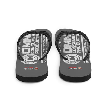 Omni Consumer Products RoboCop inspired flip flops with minimalist sci-fi OCP logo design on grey sole