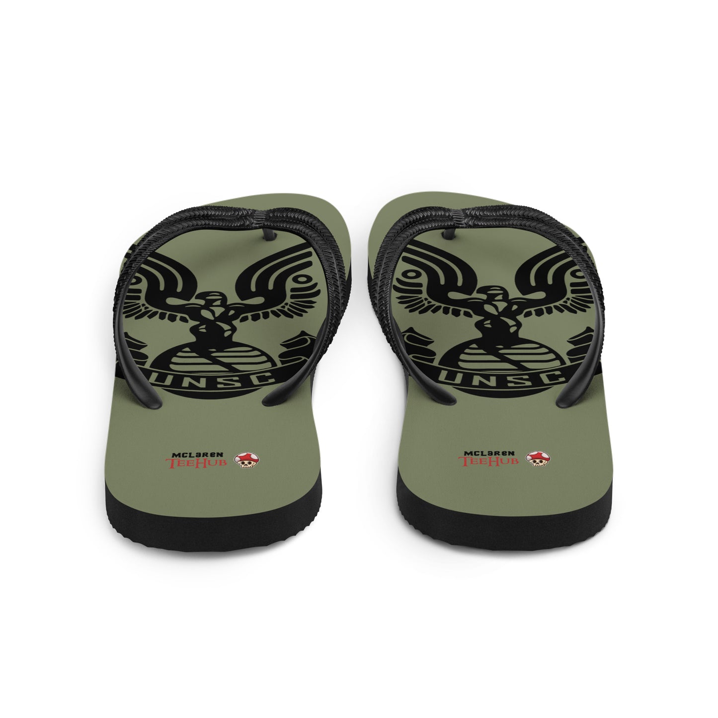 UNSC Halo inspired flip flops with military style emblem design on olive green sole
