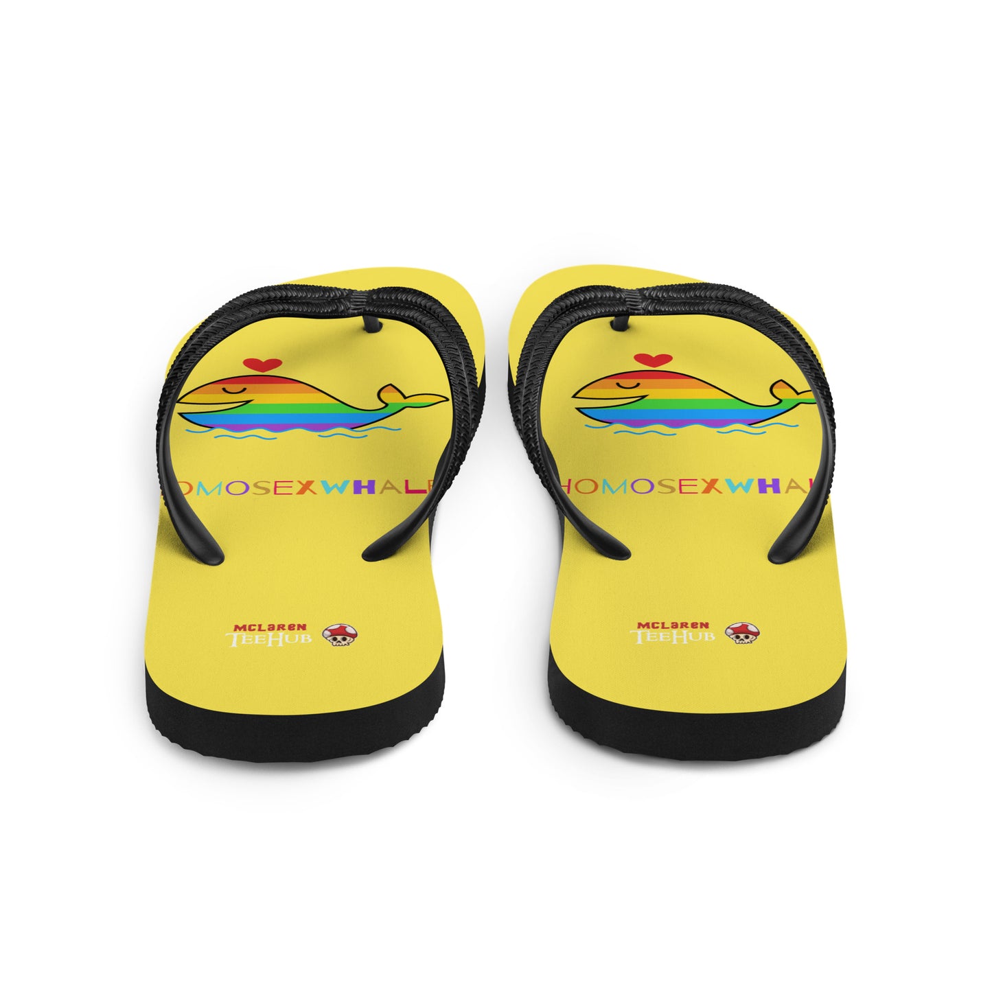 Funny rainbow whale flip flops with bright yellow base and colourful pride-inspired design